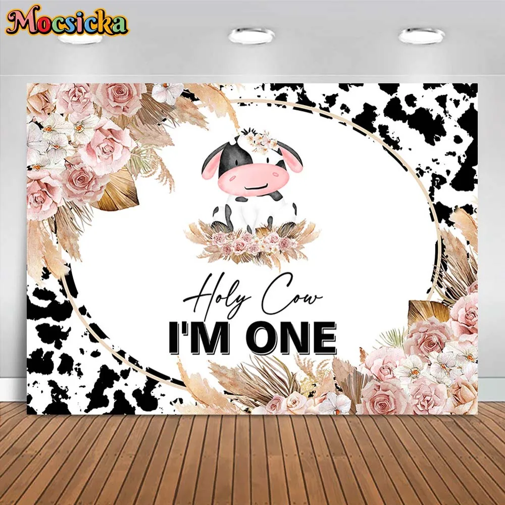 

Mocsicka Holy Cow I'm One Birthday Backdrop Boho Flower Pampas Grass Girl 1st Birthday Party Decor Background Photo Studio Props