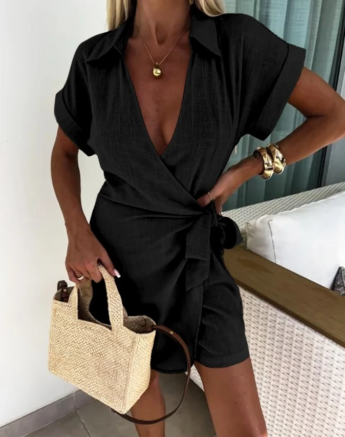 Women's Casual Jumpsuit 2024 Summer Lace Up Details Pleated V-Neck Cross Tie Jumpsuit Shorts Short Sleeved Vacation Jumpsuit