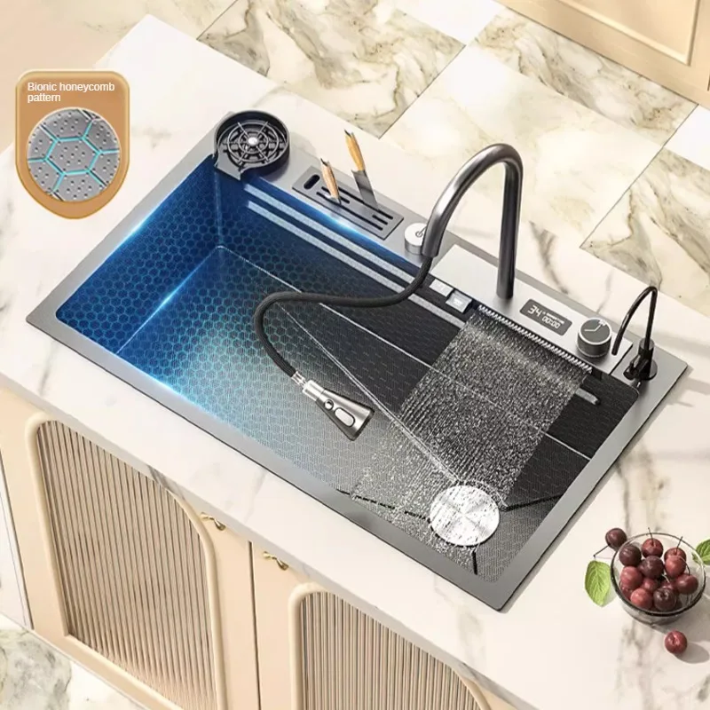 Kitchen Stainless Steel 304 Sink Honeycomb Embossed Digital Display Flying Rain Single Slot Waterfall Household Dishwashing Pool