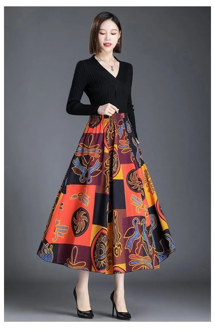 Cotton Linen Skirt 2022 Spring Autumn New Double-layer High Waist Large Swing A-line Skirt Women Retro Broken Flowers Show Thin black pencil skirt