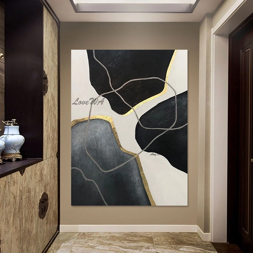 

Современная Художественная настенная абстрактная живопись, черно-белая Золотая фольга, лаконичная стильная картина для гостиной, украшение для дома