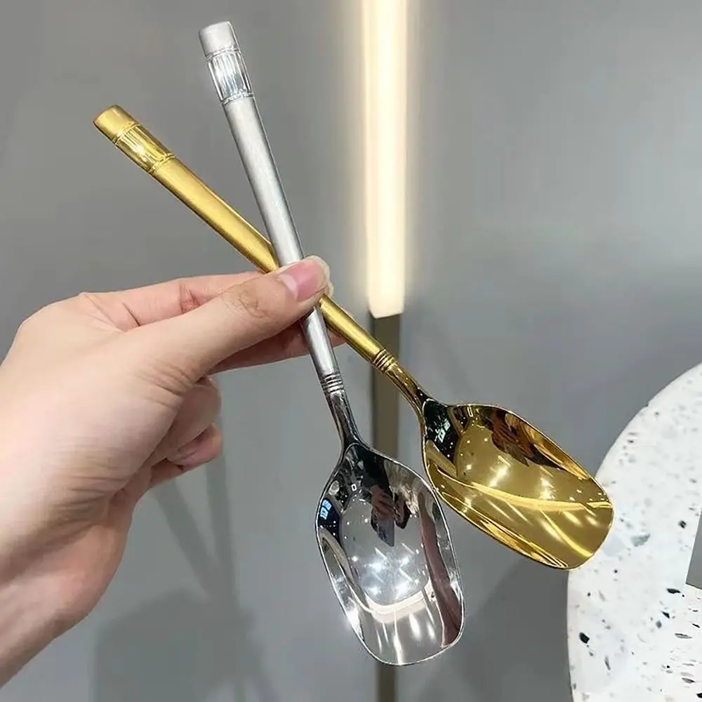 Portable Gold Silver Soup Spoons Long Handle Stainless Steel Dessert Spoon Dishwasher Tableware Stirring Spoon for Kitchen Tools