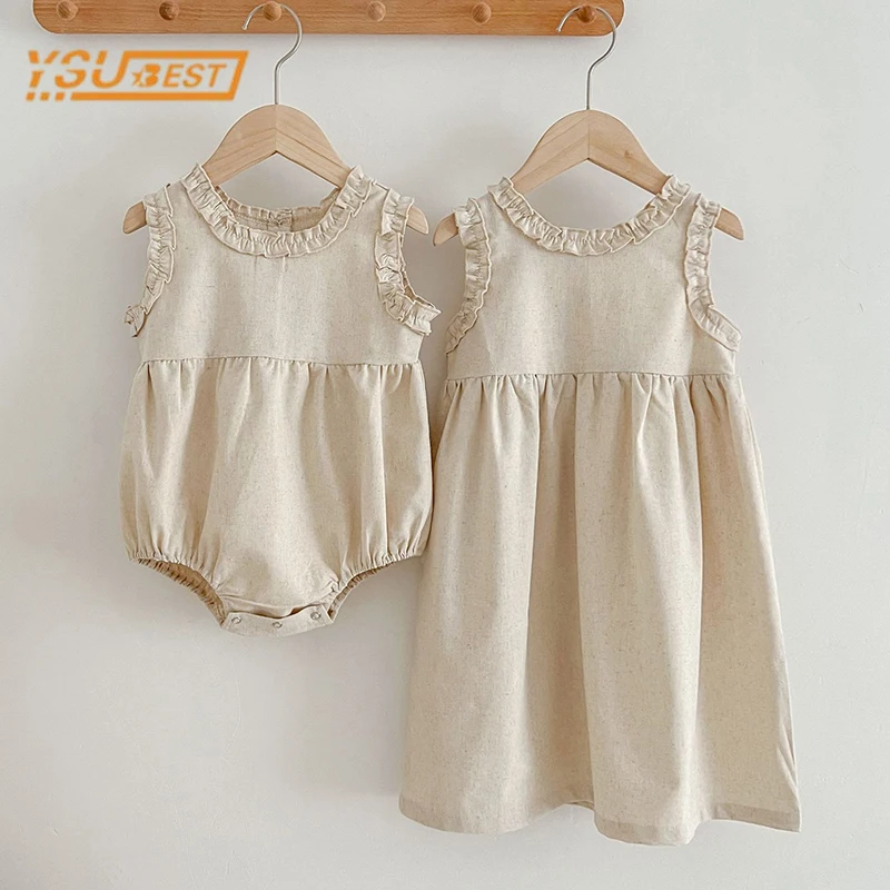 Newborn Toddler Baby Girls Pure Color Jumpsuit Summer Sweet Baby Girls Sleeveless Kids Princess Dress Girls Sister Clothes