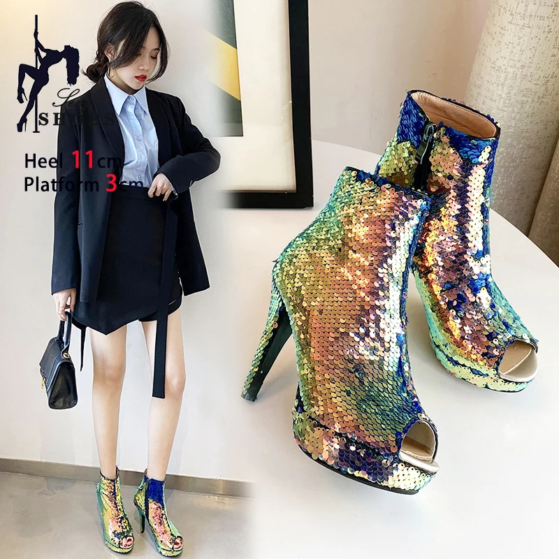 Women Sequined Shoes Summer Peep Toe Boots Fashion 2025 New Thick Bottom Platform Stiletto Heels Bling Shiny Short Boots Mujer