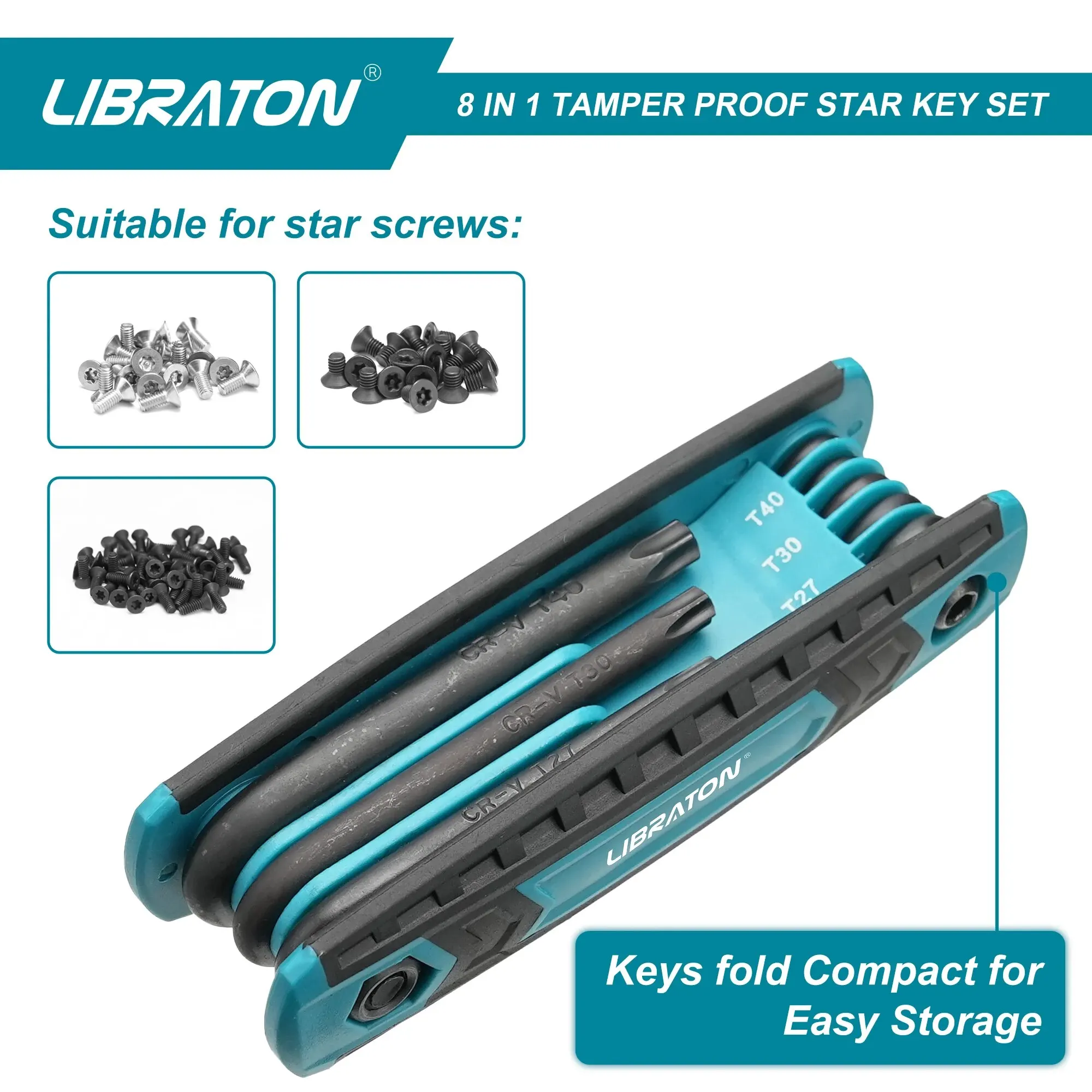 Libraton Premium Folding Security Torx Key Set - 8 Piece Tamper-Proof Star Key Collection
