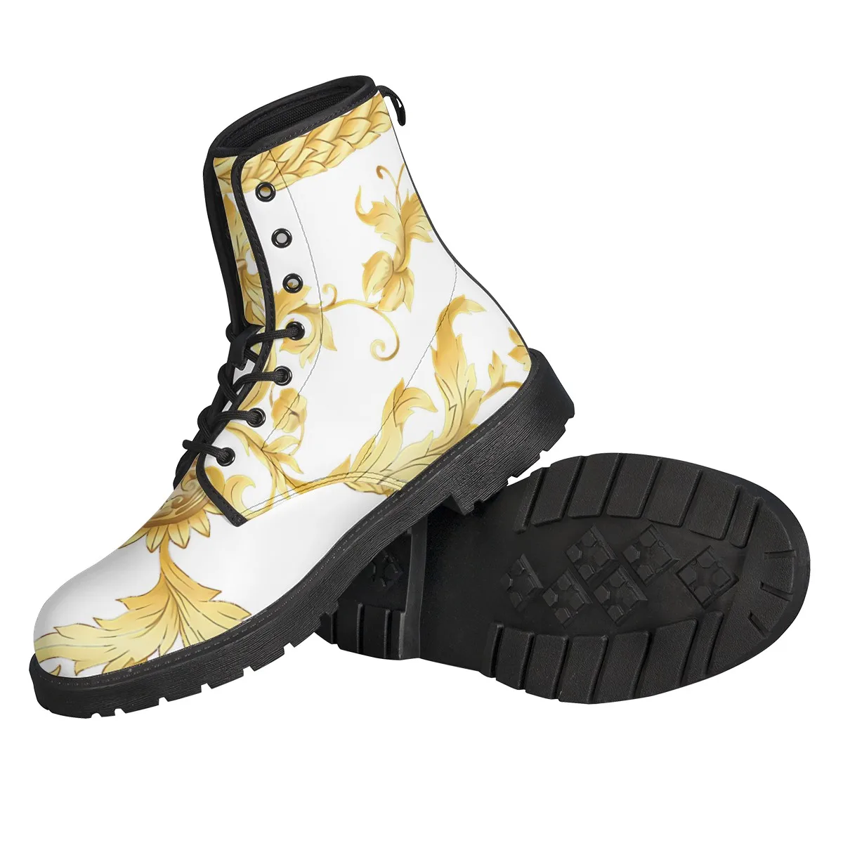 Size 35-46 INS Woman PU Leather Ankle Boots Fashion White And Golden Rococo Prints Shoes Woman Short Classic Boots