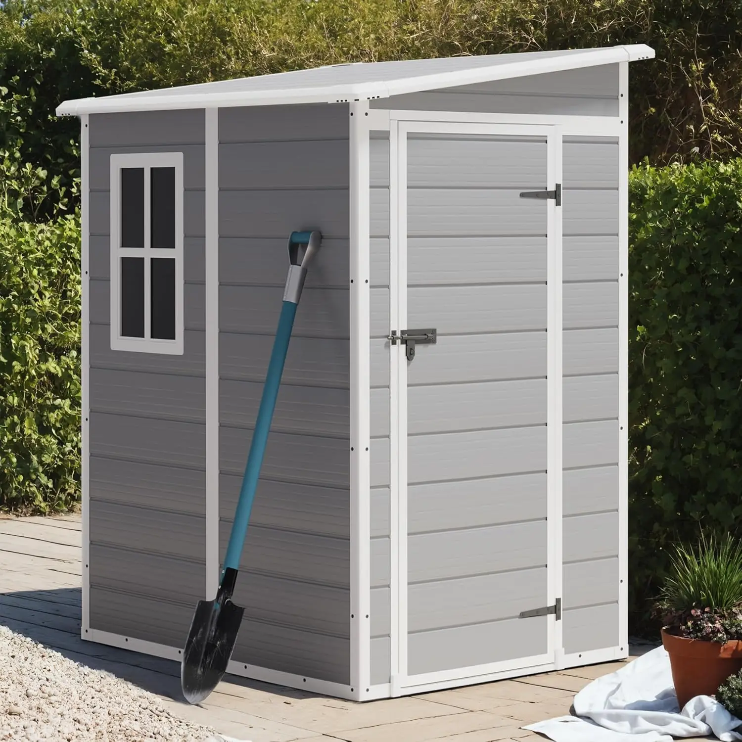 5' x 4' Resin Weather Resistant Outdoor Storage Shed with Floor for Garden,Backyard,Pool Tool, Light Grey