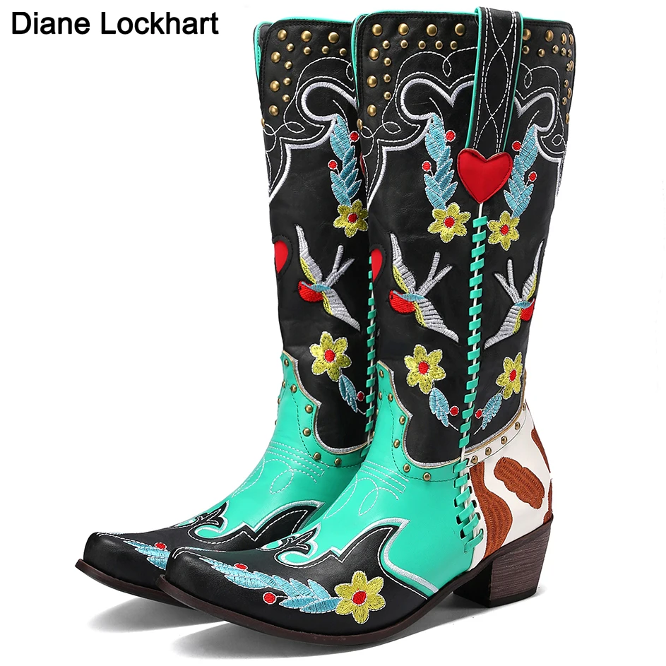 Dropship Fashion Colore Misto Al Ginocchio-Scarpe Da Donna Di Alta Qualità Plus Size 43 Ricama Stivali Occidentali Comodi Stivali Da Passeggio In Reci