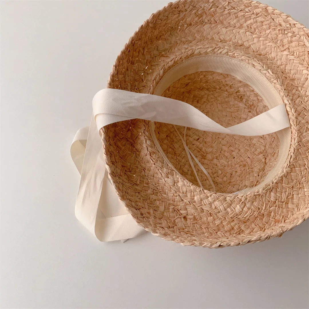 Summer Sun Hat Girls Raffia Straw Hat Retro Travel Sunscreen Beach Vacation with Lacing for Children Holidays