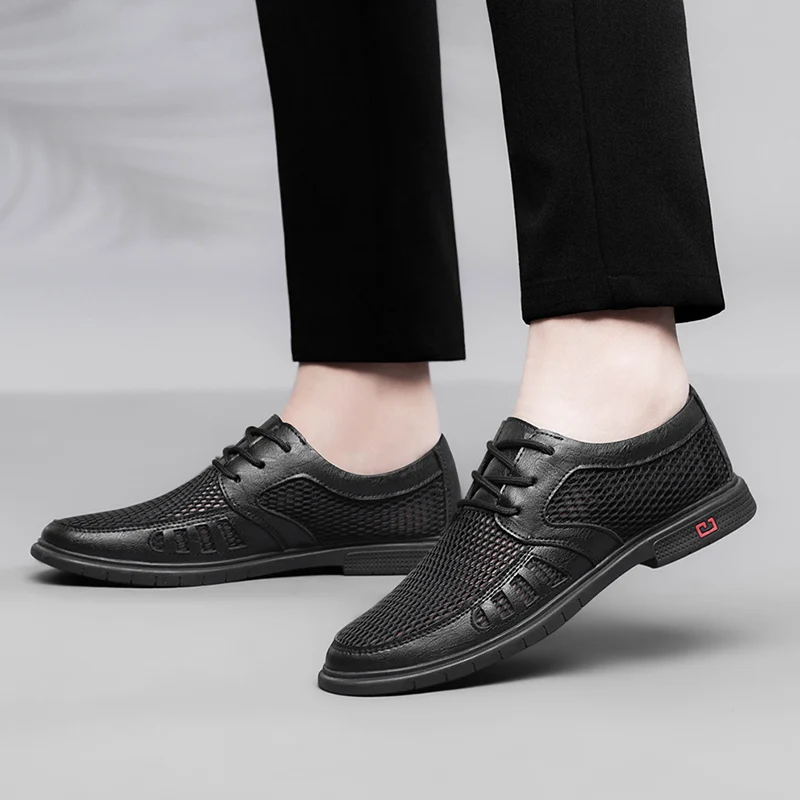 Summer Business Men's Dress Shoes Mesh Breathable Man Fashion Casual Shoes Genuine Leather Oxfords Work Zapatos Hombre