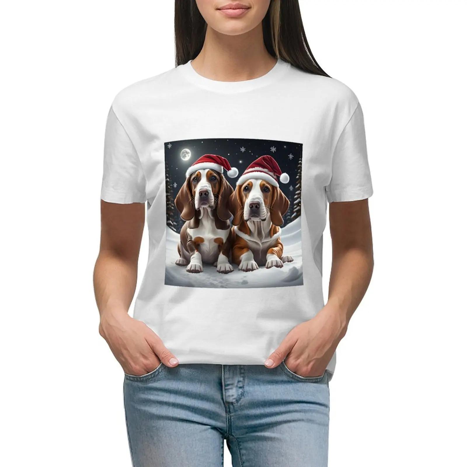 Basset Hound Dogs In A Winter Wonderland T-Shirt Lady Clothes Funny Woman T Shirt