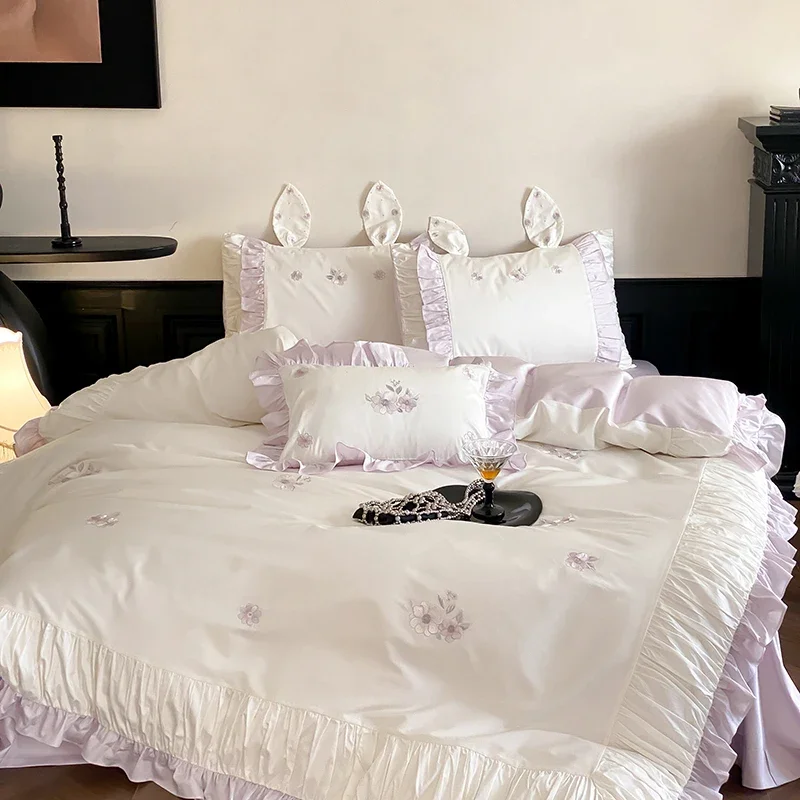 Delicate Flowers Embroidery Princess Bedding Set 1000TC Egyptian Cotton Duvet Cover Flat Fitted Sheet Pillowcases - King Size