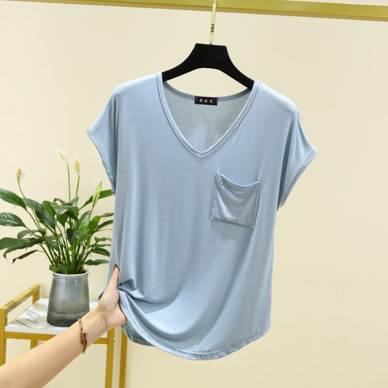 2024 new women's summer one-piece pajamas Modal short-sleeved top with thin solid color loose large V-neck household clothes