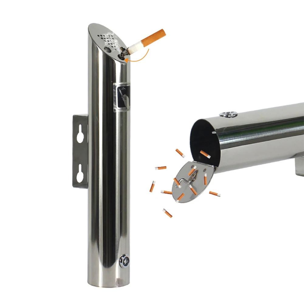 Wall Mounted Cylinder Cigarette Ash Bin Stainless Steel Outside Wall Ashtray Waterproof for Mall Hotel Elevator Entrance