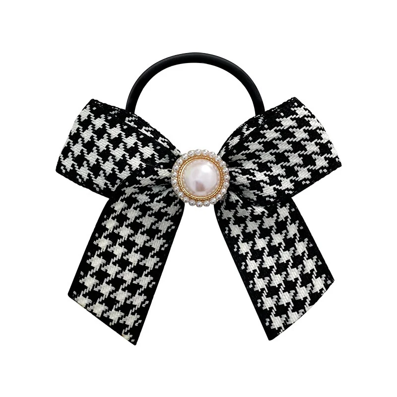 

Fashion Vintage Style Thousand Bird Plaid Pearl Bow Hair Ties Elastic Hair Band Women Ponytail Holder Headband Hair Accessories