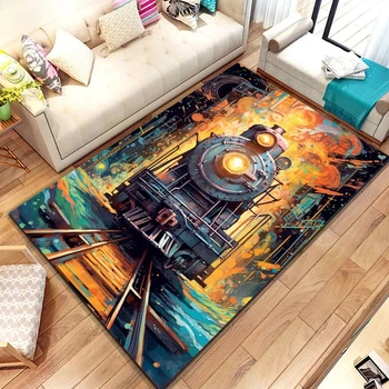 Train Area Rug for Girl Boys Retro Steam Engine Carpet Railway Track Transport Floor Mat 3D Vintage Vehicles Living Room Doormat