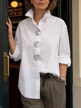 Yeezzi Women's Cotton White Buttoned Shirt 2026 New Elegant Loose Lapel Blouse Casual Long Sleeves Office Tops For Ladies 1