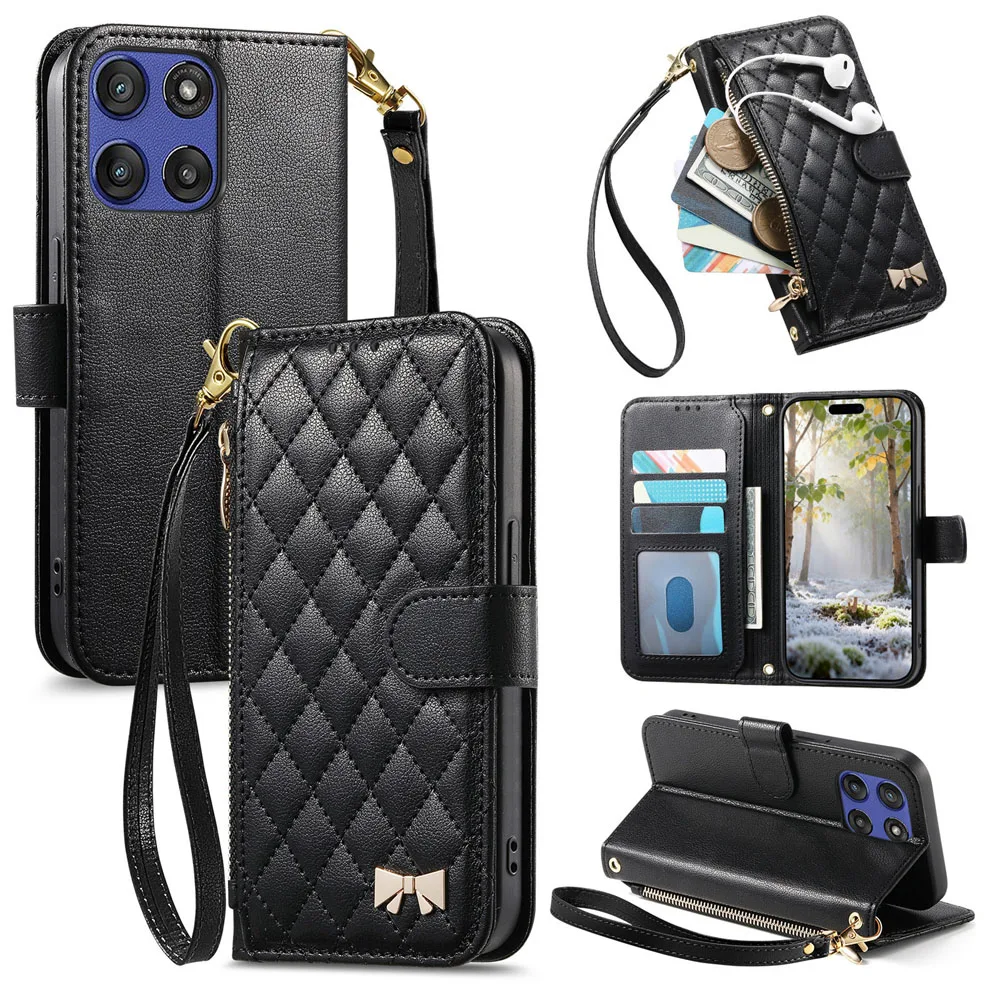 Luxury Leather Flip Case with Zip Wallet and Lanyard Wrist Strap