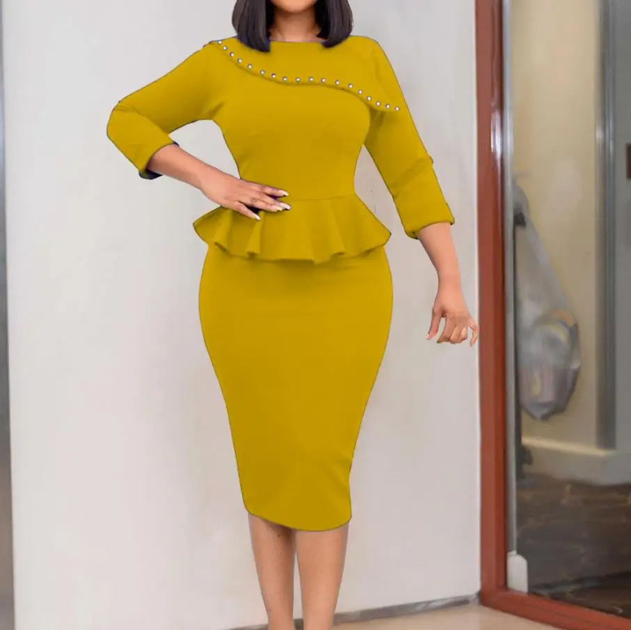 

Temperament Commuting Slim Fit Wrap Buttocks Studded Pencil Skirt Autumn Winter Fashion Casual Dress for Women