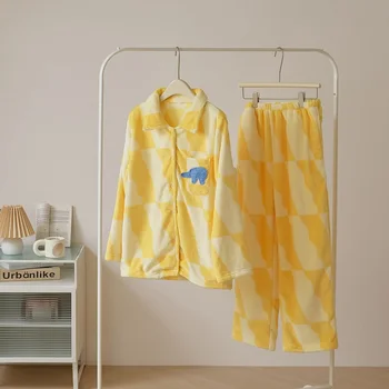 Warm Thick Flannel Casual Women's Pajamas Sets Yellow Color Long Sleeve Sleepwear Suits Winter Autumn Plus Pyjamas
