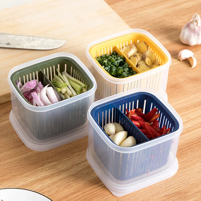 Refrigerator Storage Box 2 Grids Food Fruit Storage Box Portable Compartment Fridge Organizer Drain Basket Meat Onion Crisper kitchen storage box,food storage container