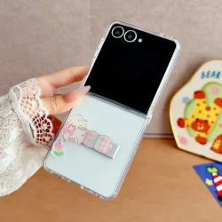 3 - in - 1 Wrist Strap Cartoon Cat & Puppy Stand Holder Soft TPU Case - Galaxy Z Flip6(7 FE) (With holder - White)