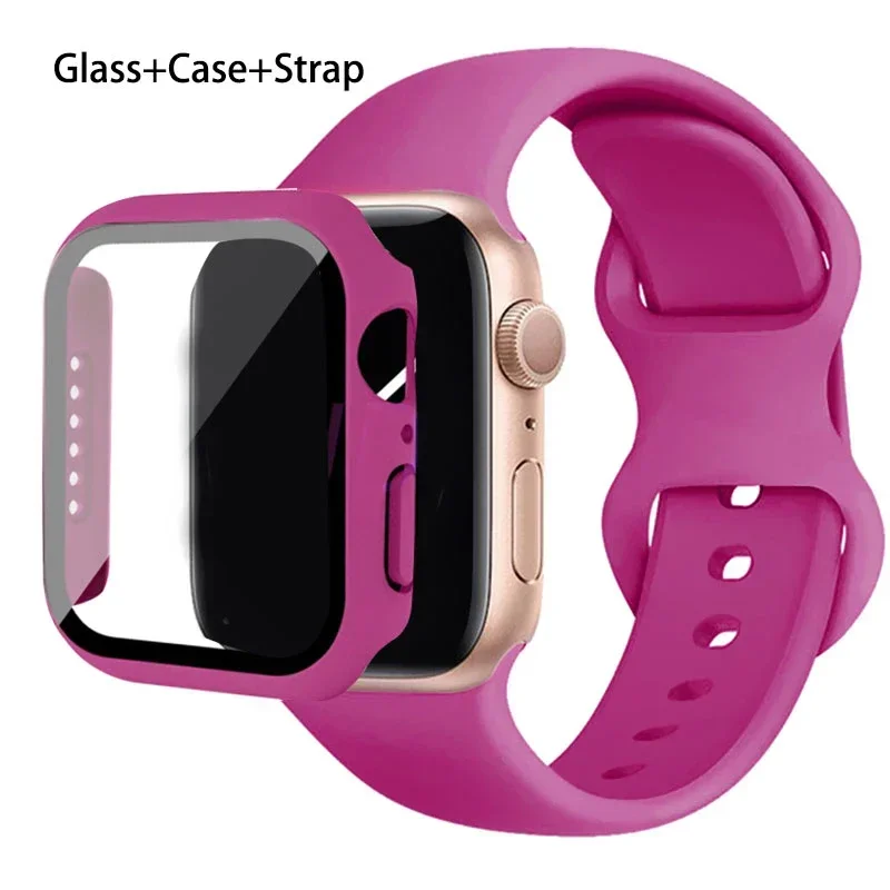 Premium Silicone Apple Watch Band with Glass Case and Strap - Compatible with All Series