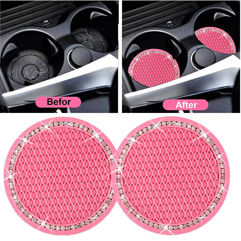 Cup Holder Coasters Car Coaster Pads Car Non-slip Water Cup Pad Diamond Rhinestone Decor For Car Bottle Holder Coaster Auto Interior Decoration Accessories 1/2Pcs