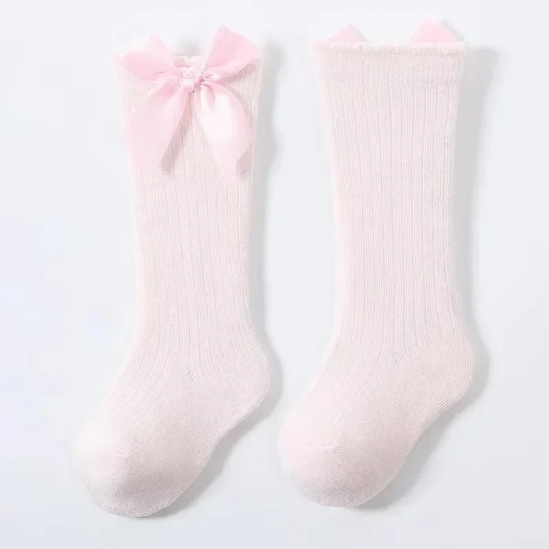여아용 코튼 니삭스, 큰 리본 니하이 롱삭스, 미끄럼 방지 공주풍 아동 양말, 가을 겨울 스타일
