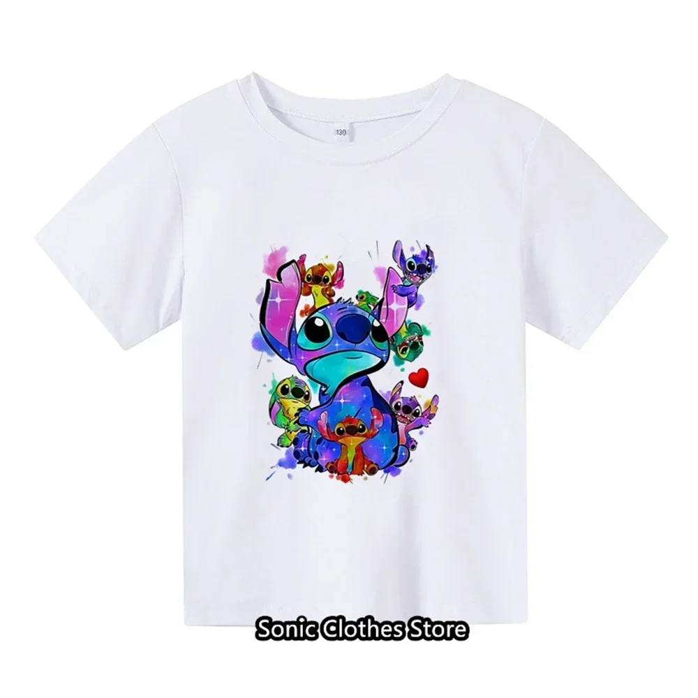 

2024 Kawaii Clothes Cute Lilo Stitch Tshirt Kids Funny Cartoon T Shirt Girls Manga Women T-shirt Y2k Graphic Streetwear Top Tees