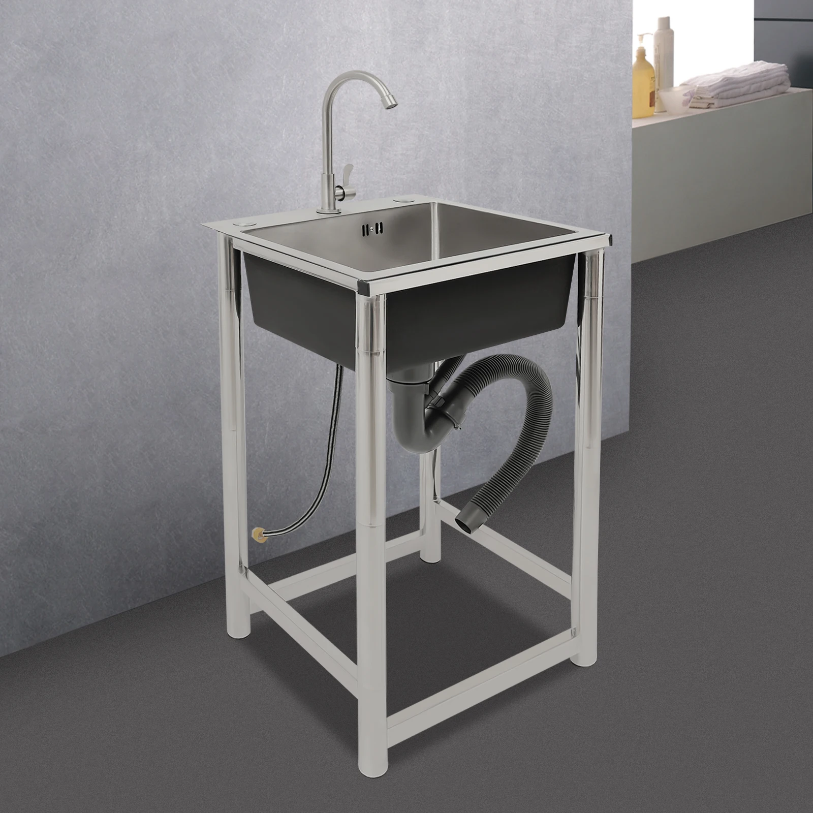 Single Bowl Commercial Sink,Free Standing Sink, Stainless Steel Restaurant Kitchen Cleaning Sink with 360° Rotatable Faucet 5