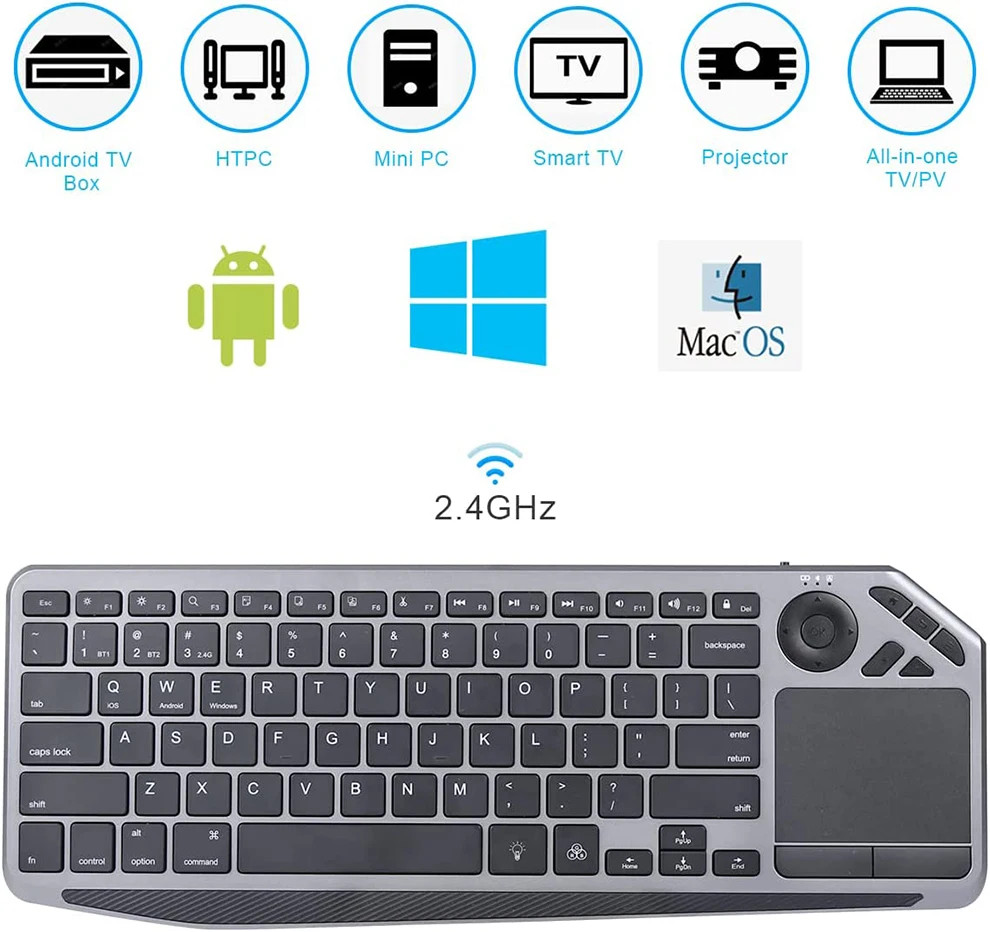 Touchpad 7-Cores Backlit Teclado Bluetooth Teclado Recarregável para Smart TV iOS iPhone IPad