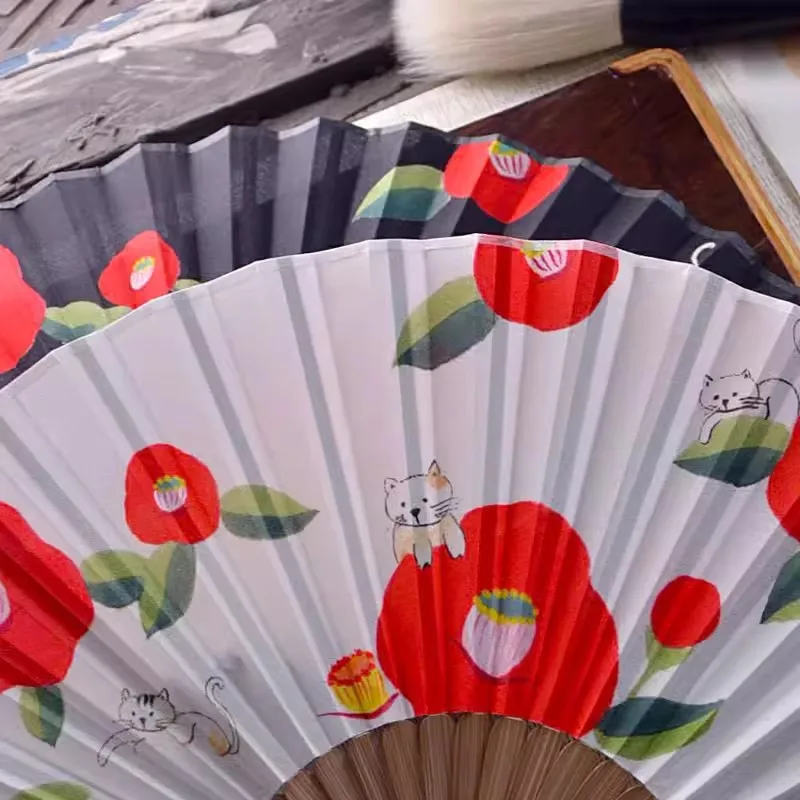 Portable Folding Fan for Women, Cute Cat Pattern, Chinese Style, Summer