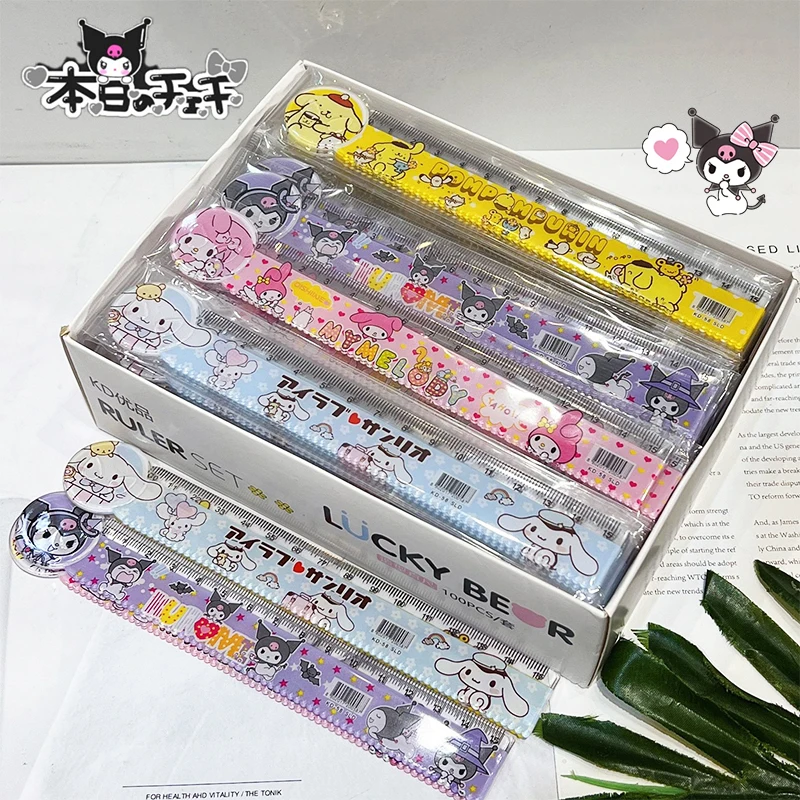 

6Inch Anime Sanrio Kuromi 100Pcs Straightedge Kawaii Cinnamoroll My Melody Cute School Student Study Stationeries Ruler Toys