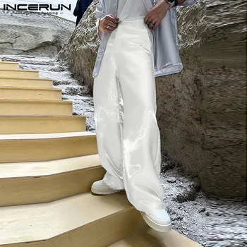 INCERUN 2023 한국 스타일 남성 바지, 솔리드 플래시 원단 판탈롱 패션, 올 매치 루즈 스트레이트 레그 팬츠 S-5XL, 핫 세일
