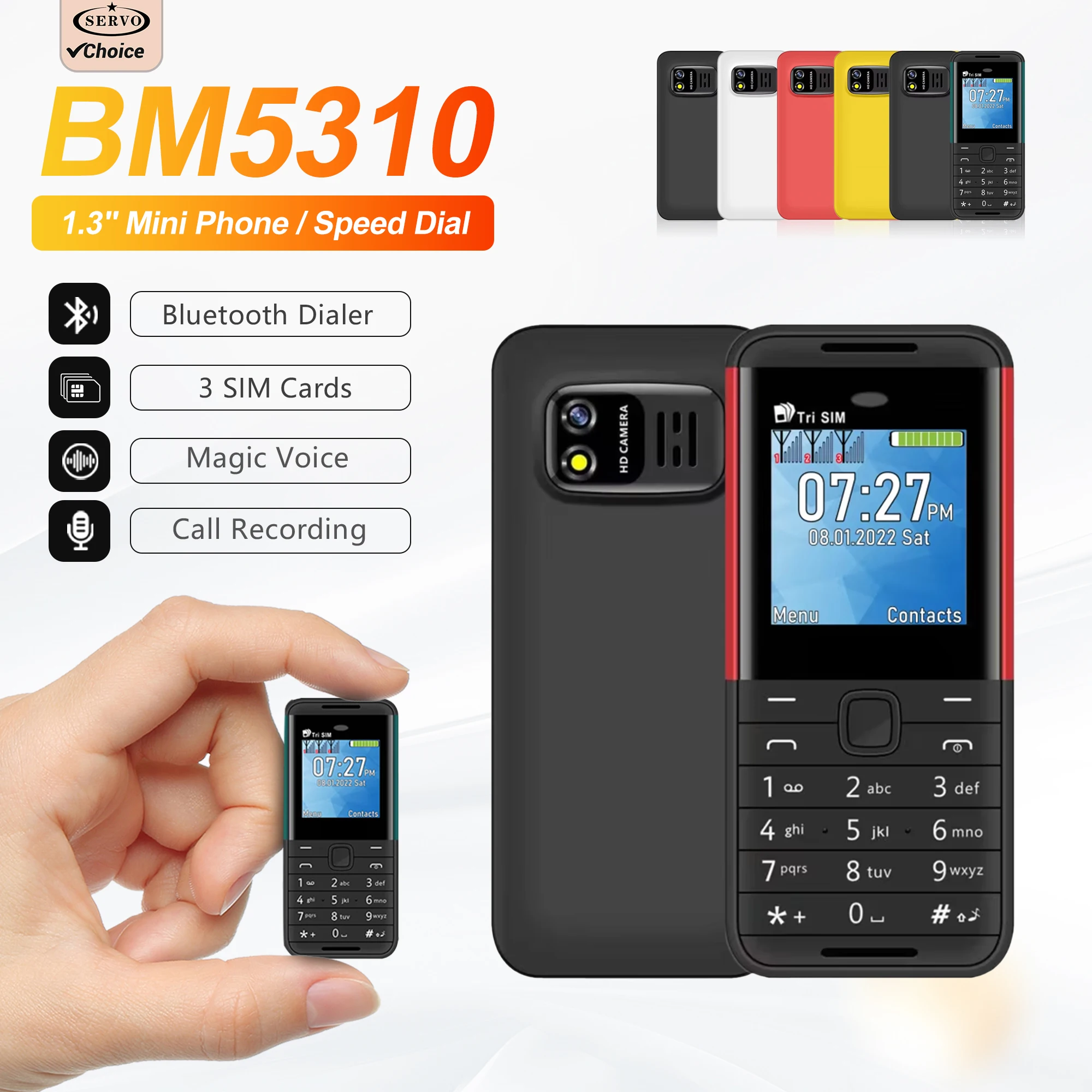 SERVO BM5310 미니 버튼폰 3 SIM 카드 블루투스 다이얼러 매직 보이스 소형 휴대폰 통화 녹음 저방사선 FM 라디..