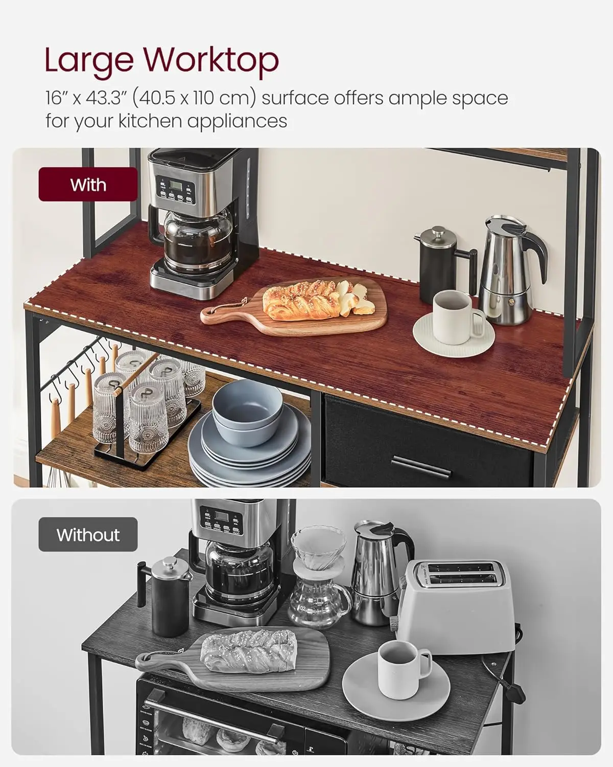 Bakers Rack with   Coffee Bar Stand with Adjustable Storage Shelves  Fabric Drawer  12 Hooks  Table for Microwav 6