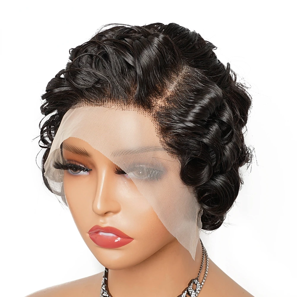 13x4 Lace Front Wigs Transparent Lace Front Wigs Remy Pixie Cut Curly Wave Human Hair Wig