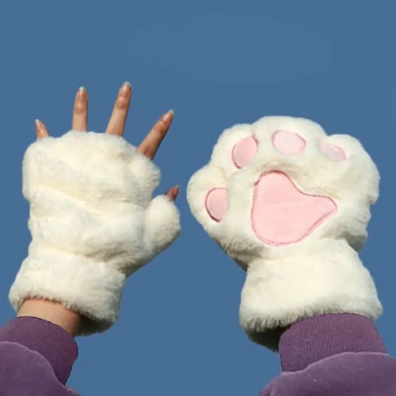 귀여운 여성 고양이 장갑, 패션 소녀 고양이 발톱 봉제 장갑, 따뜻하고 부드러운 봉제 짧은 손가락없는 반 손가락 겨울 장갑