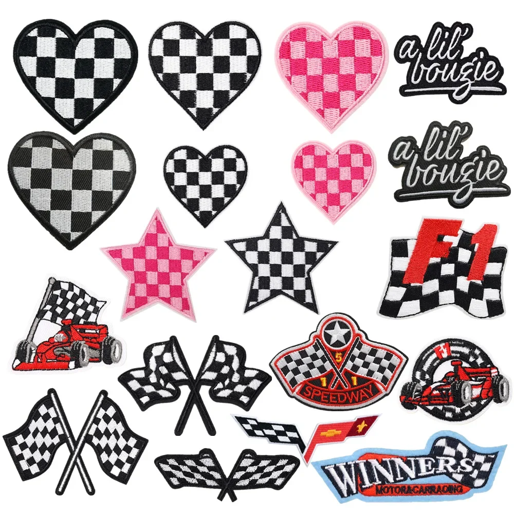 Black And White Checkered Flag Patch F1 Racing Communication Signal Embroidered Badge Stick on Clothing Accessories for Men Wome
