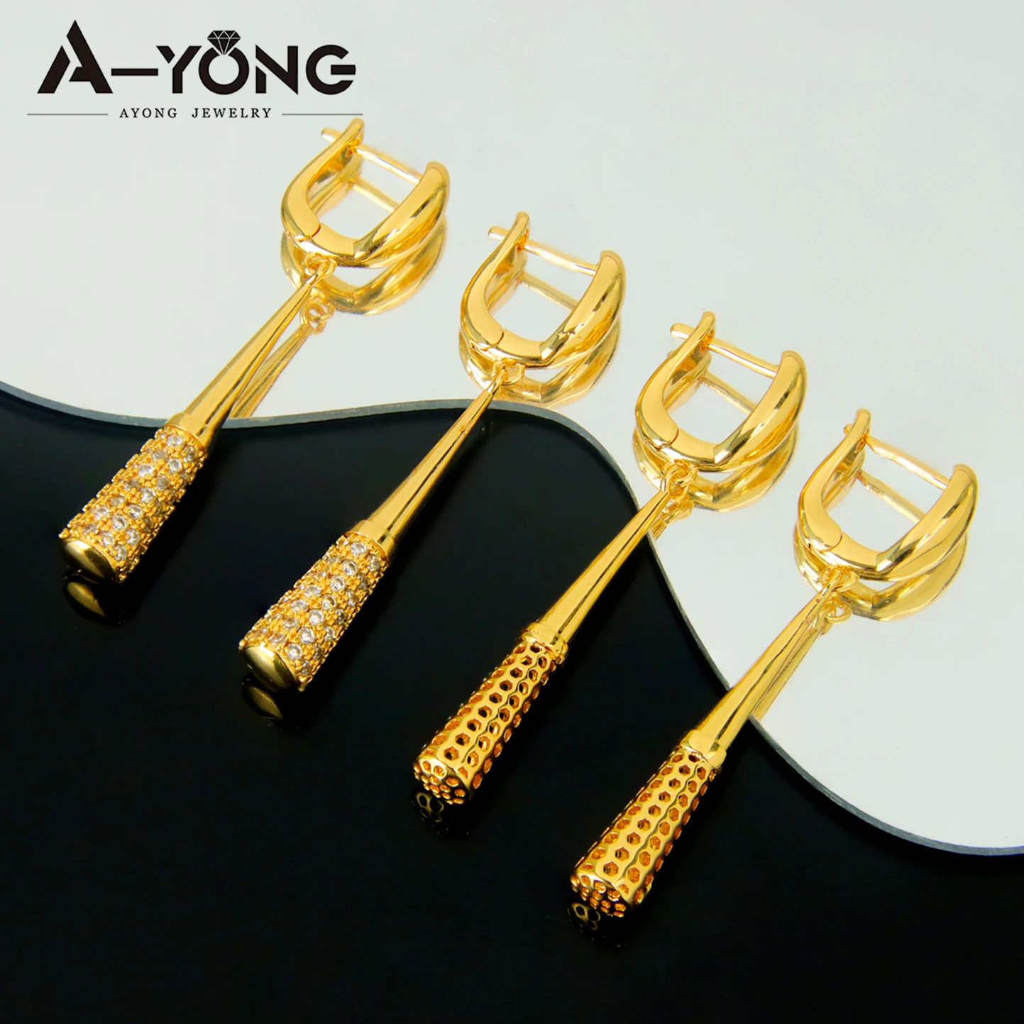 Dubai Mode Tropfen Ohrringe 21k Gold Überzogene Italienische Zirkonia Baseball Bat Anhänger Ohrring Saudi-Arabien Frauen Prom Party Schmuck