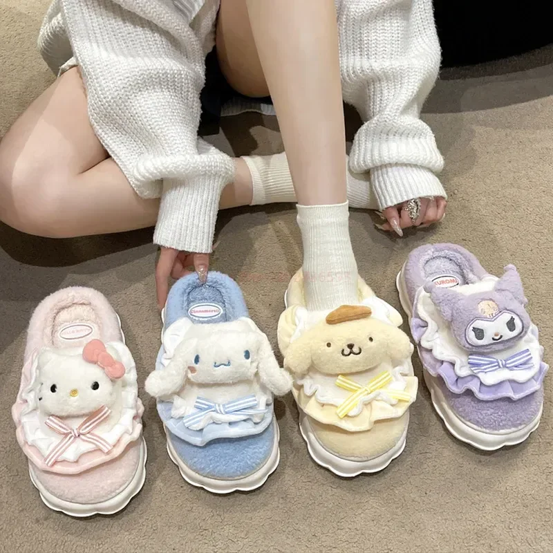 

Тапочки Hello Kitty для женщин и девушек, Мультяшные зимние теплые женские нескользящие домашние тапочки Sanrio Melody, обувь Kuromi, подарок