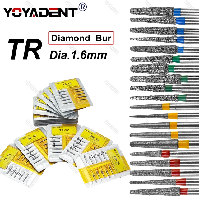 10Pcs TR Type Dental Diamond Bur Dentistry Burs Standard/Coarse/Fine/Extra Fine Dia.1.6mm For High Speed Turbine Dentistry Tools