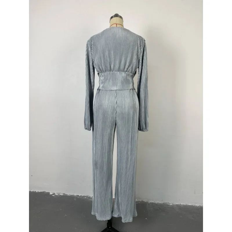 Women's Autumn Fashion V-neck Puff Sleeve Top & Wide Leg Pants Set Casual Elegant Two Piece Sets Outfits for Women Trousers Suit