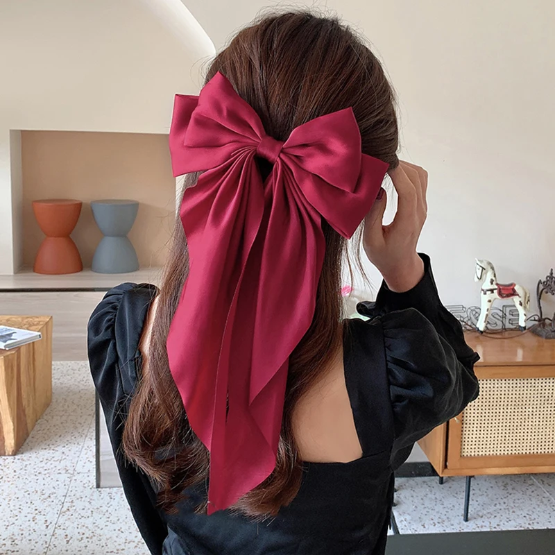 Fashion Two-layers Bowknot Streamer Hairpin Woman Girl Satin Ribbon Barrette Bow Back Head Spring Clip Headwear Hair Accessories floral children streamer headbands headdress headwear korean style teethed braided hair hoop butterfly ribbon hair band kids