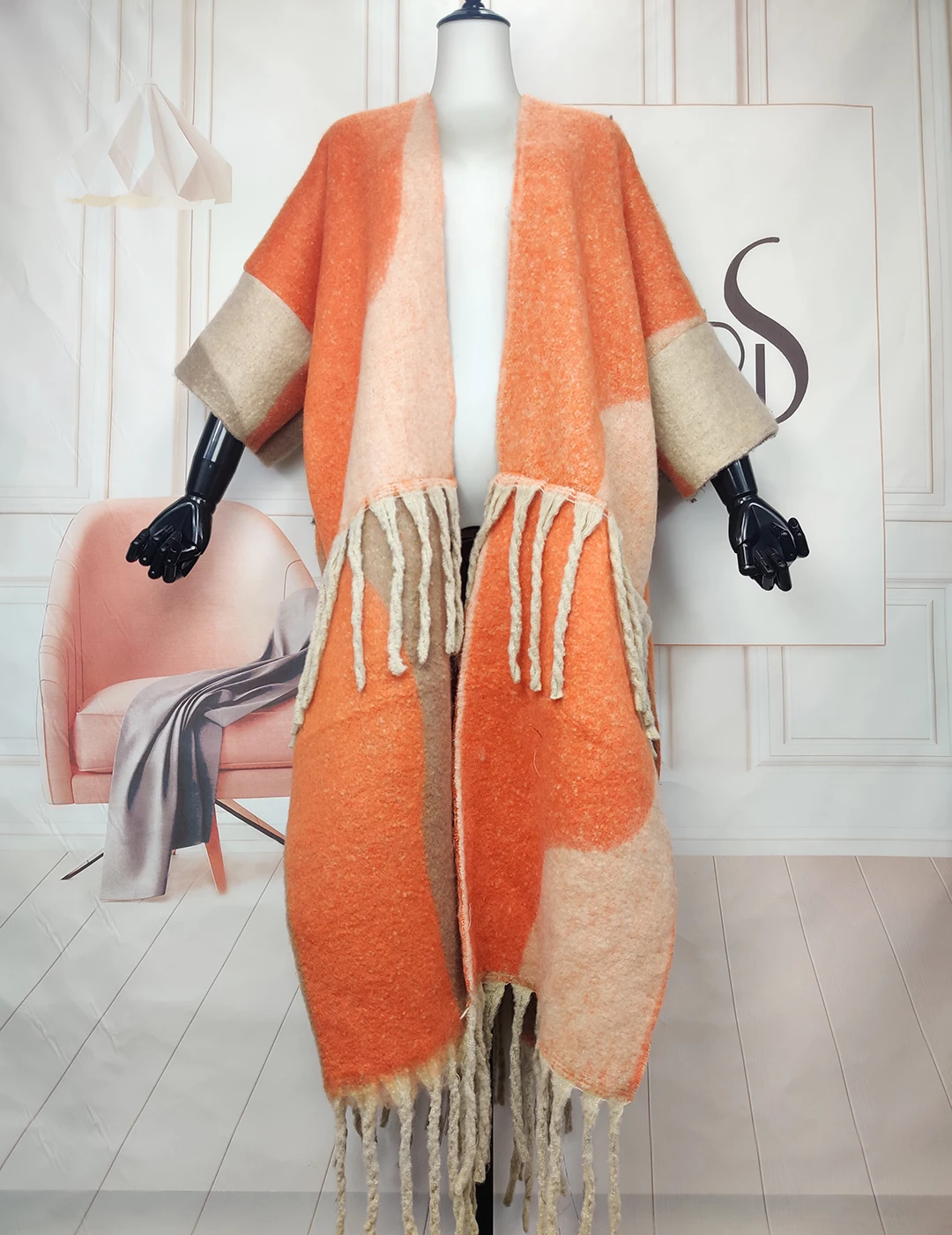 

Winter 2023 African Lady Popular Orange Warm Fuzzy Long Cardigans Oversized American Blogger Soft Open Front Tassel Duster Coat