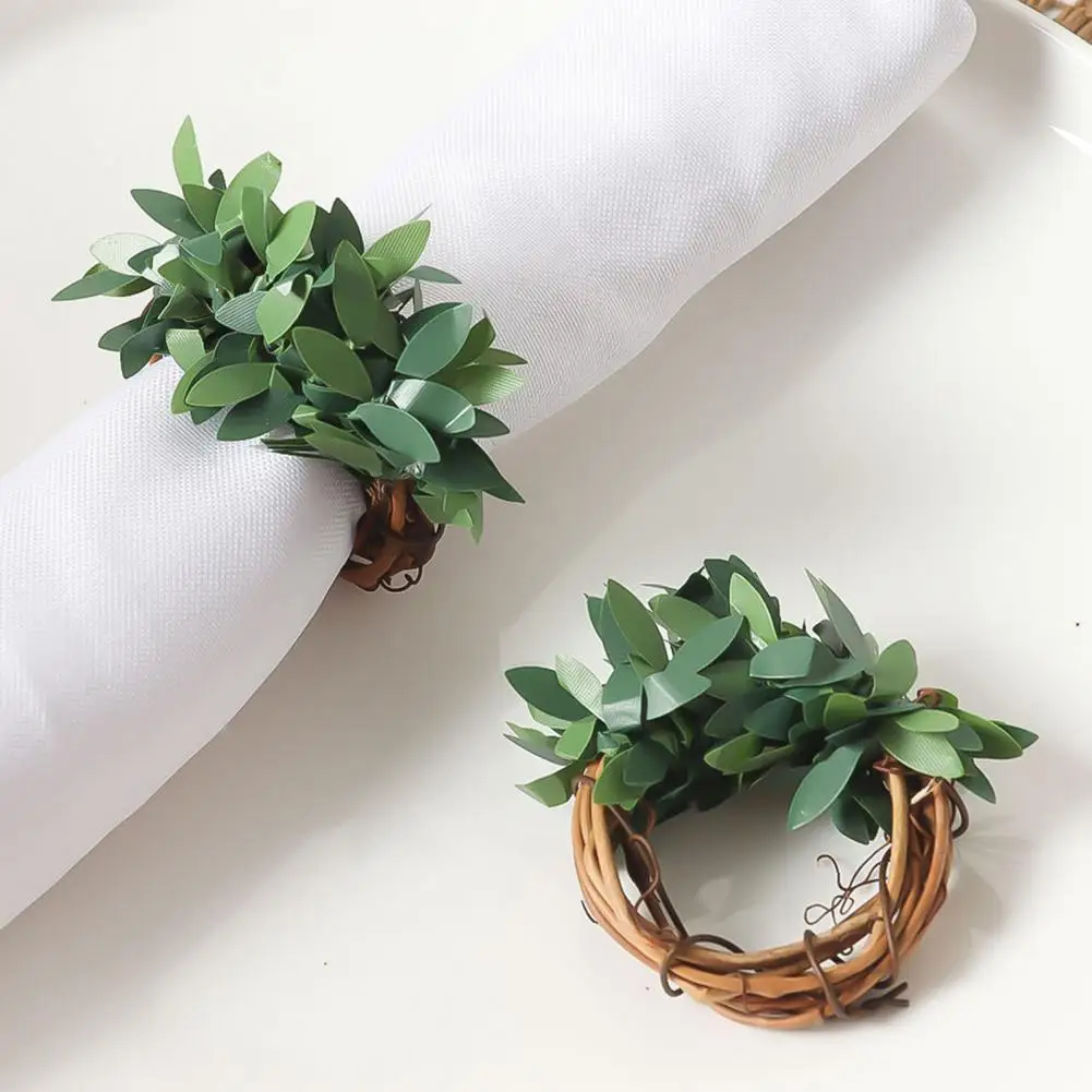 6Pcs Napkin Rings Fake Leaf Wreath Design Festive Table Decoration Charming Rattan Napkin Rings Farmhouse Parties