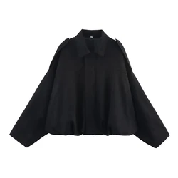 Women's Vintage Chic Bomber Jacket with Turn - down Collar - S (As picture)