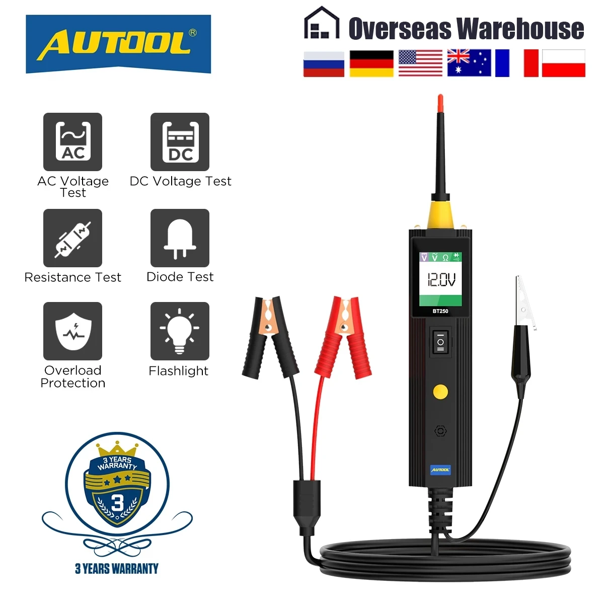 AUTOOL BT250 Circuit Tester Powerscan 6-30V Automative Power Probe Kit LED Display Voltage Polarity Locator Diagnostic Tool car battery trickle charger