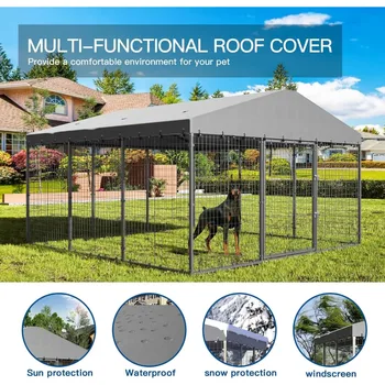 Large Outdoor Kennel with Fully Covered Roof Metal Galvanized Outdoor Dog Fence with Double Security Locks Waterproof Cover 5